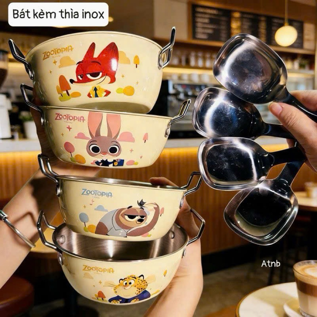 Bát Ăn Inox 2 Lớp Cách Nhiệt Cao Cấp Hình Thú Zootopia Đáng Yêu Cho Bé (Kèm Thìa)