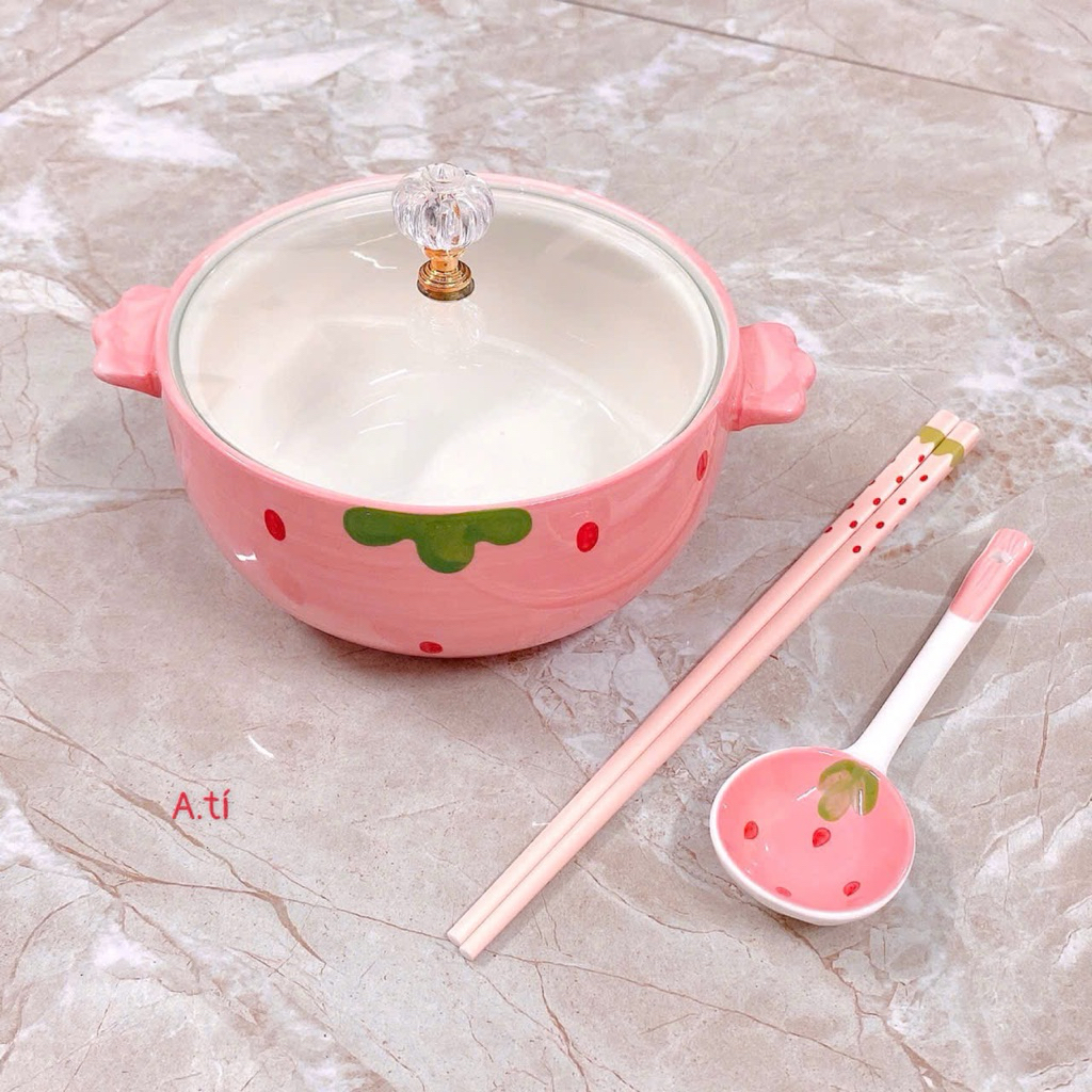 Tô sứ dâu kèm nắp kính + muỗng + đũa siêu xinh – vừa dùng vừa decor