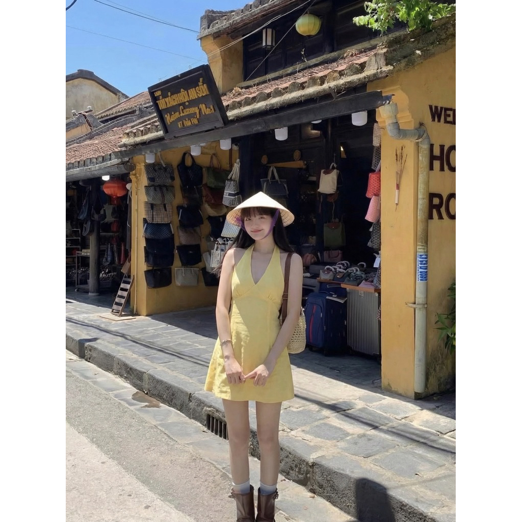 𝙍𝙄𝙉𝘼 𝘿𝙍𝙀𝙎𝙎 - Đầm Linen Cổ Yếm