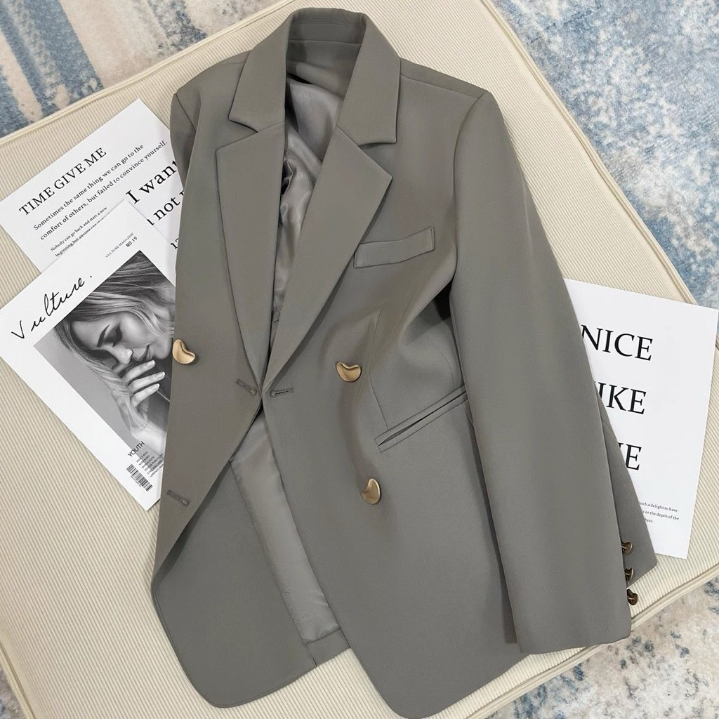 MEIQUIYI Áo Blazer nữ ba màu Nâu/xám/đen thiết kế trơn cúc dẹt