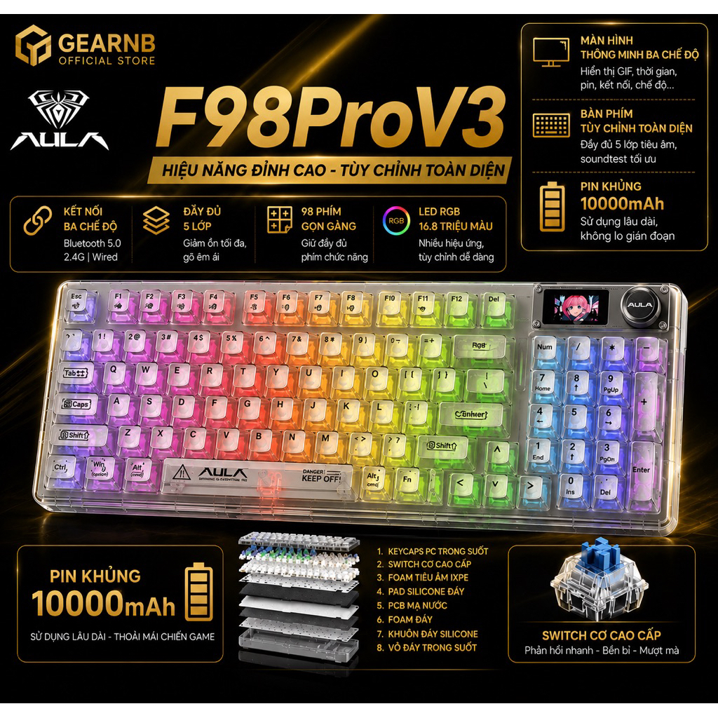 [Hoả tốc] Bàn phím cơ AULA F98 Pro V3 3 Mode | TFT Screen | RGB Full Key | Hot Swap | Bluetooth 2.4G USB | Gaming Custom | BigBuy360 - bigbuy360.vn