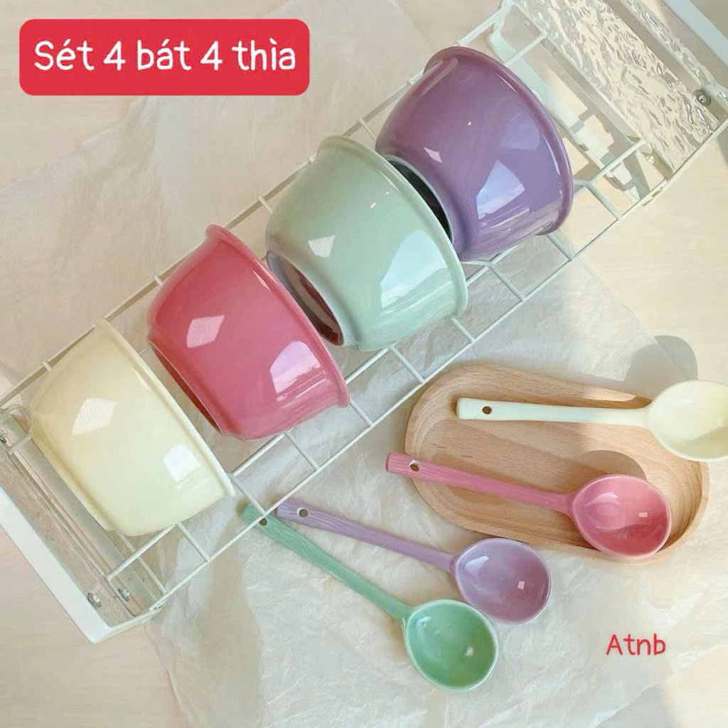 Set 4 bát kèm 4 thìa sứ mix màu pastel – xinh xắn, tiện lợi cho mọi gian bếp