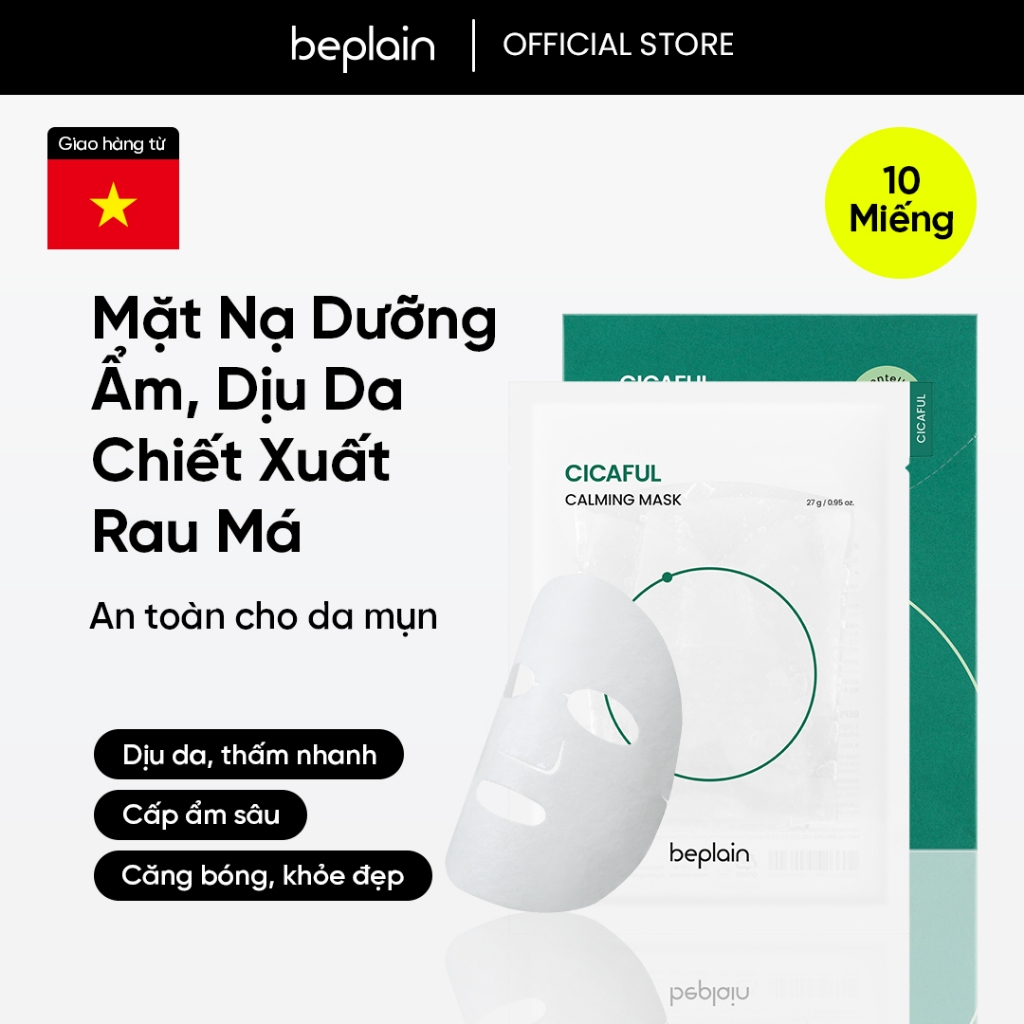 Bộ 10 mặt nạ BEPLAIN Cicaful Calming Mask chiết xuất rau má giúp phục hồi làm dịu da