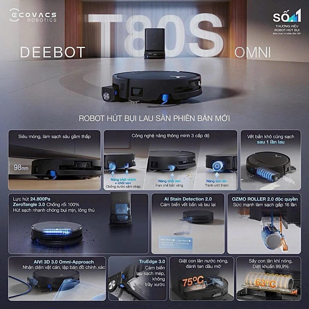 Robot Hút Bụi Lau Sàn Ecovacs Deebot T80S Omni - Lực hút 24.800Pa - Bảo hành 24 tháng