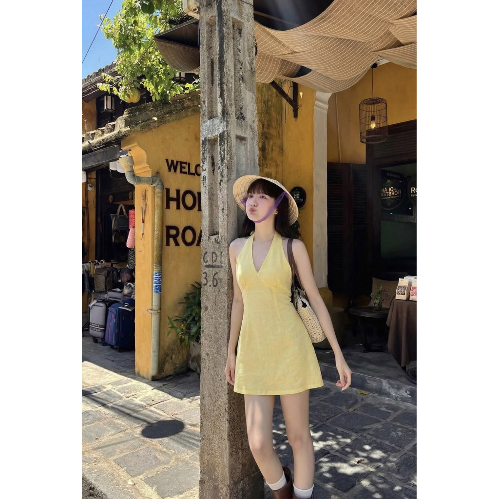 𝙍𝙄𝙉𝘼 𝘿𝙍𝙀𝙎𝙎 - Đầm Linen Cổ Yếm