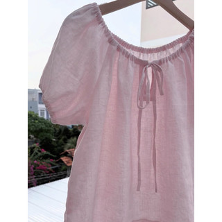 𝙉𝘼𝙈𝙄 𝙏𝙊𝙋 - Áo Linen Cổ Tròn Cột Nơ