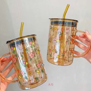 Cốc Nước Thủy Tinh Hổ Phách 1000ml Có Ống Hút – Họa Tiết Thỏ Garden Rabbit Xinh Xắn, Chịu Nhiệt Tốt