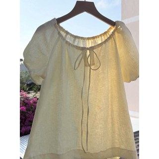 𝙉𝘼𝙈𝙄 𝙏𝙊𝙋 - Áo Linen Cổ Tròn Cột Nơ