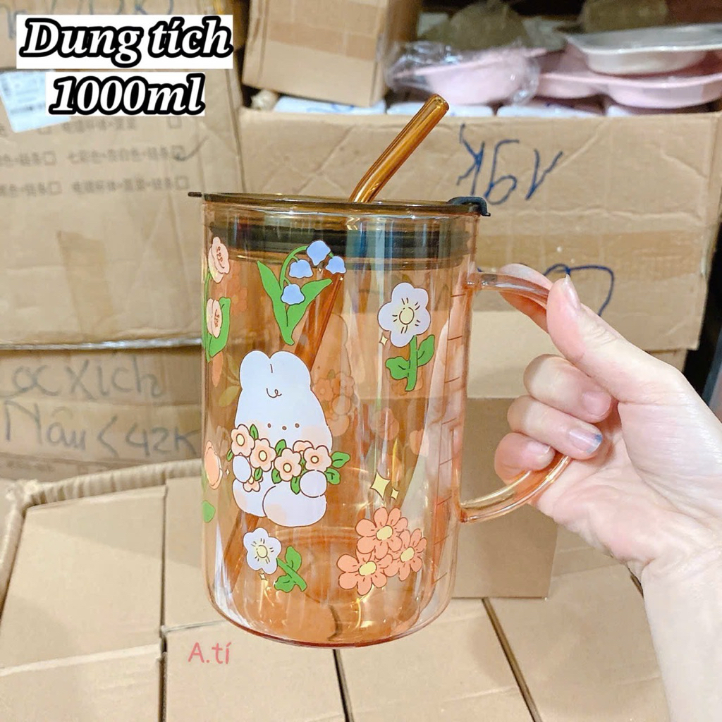 Cốc Nước Thủy Tinh Hổ Phách 1000ml Có Ống Hút – Họa Tiết Thỏ Garden Rabbit Xinh Xắn, Chịu Nhiệt Tốt