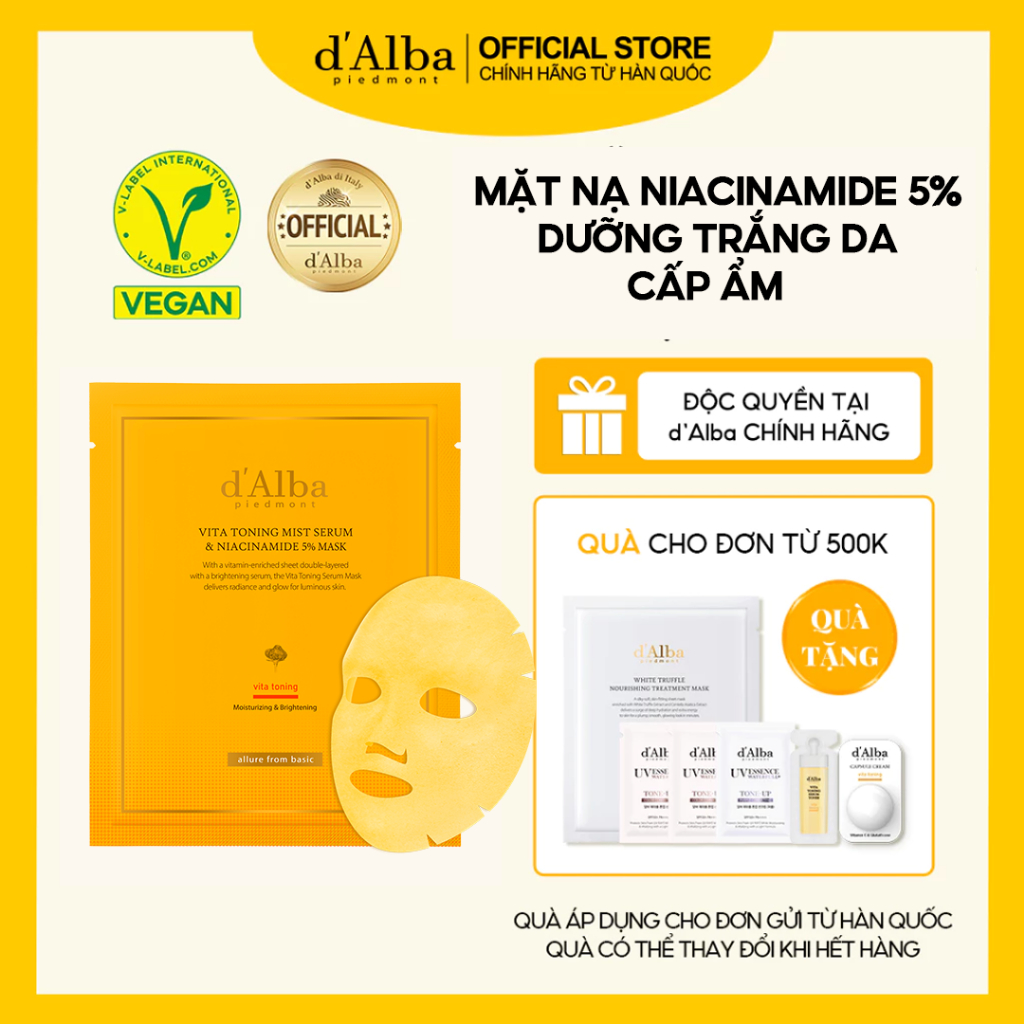 [d’Alba Official ] Mặt nạ dưỡng sáng da cấp ẩm Vita Toning Mist Serum & Niacinamide 5% Mask ( hộp 4 miếng)