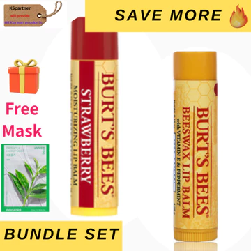 Kem dưỡng môi sáp ong Burt 's Bees + Son dưỡng môi dâu tây / Độ ẩm tự nhiên Burt 's Bees Double Lip Care