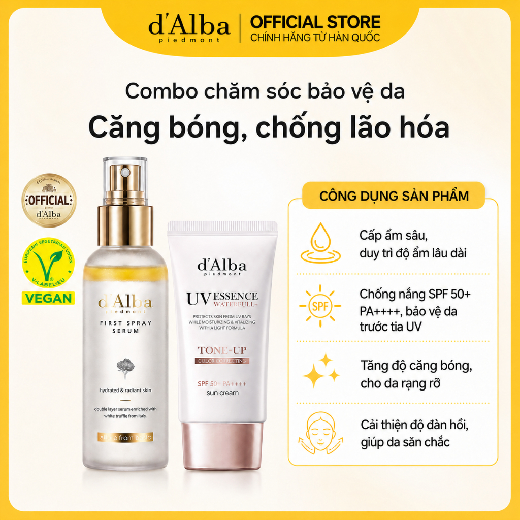 [d'Alba Official] Combo Bảo Vệ Chăm Sóc Da Căng Bóng Chống Lão Hóa  (First Spray Serum 100ml, Waterfull Tone-up Sun Cream 50ml)