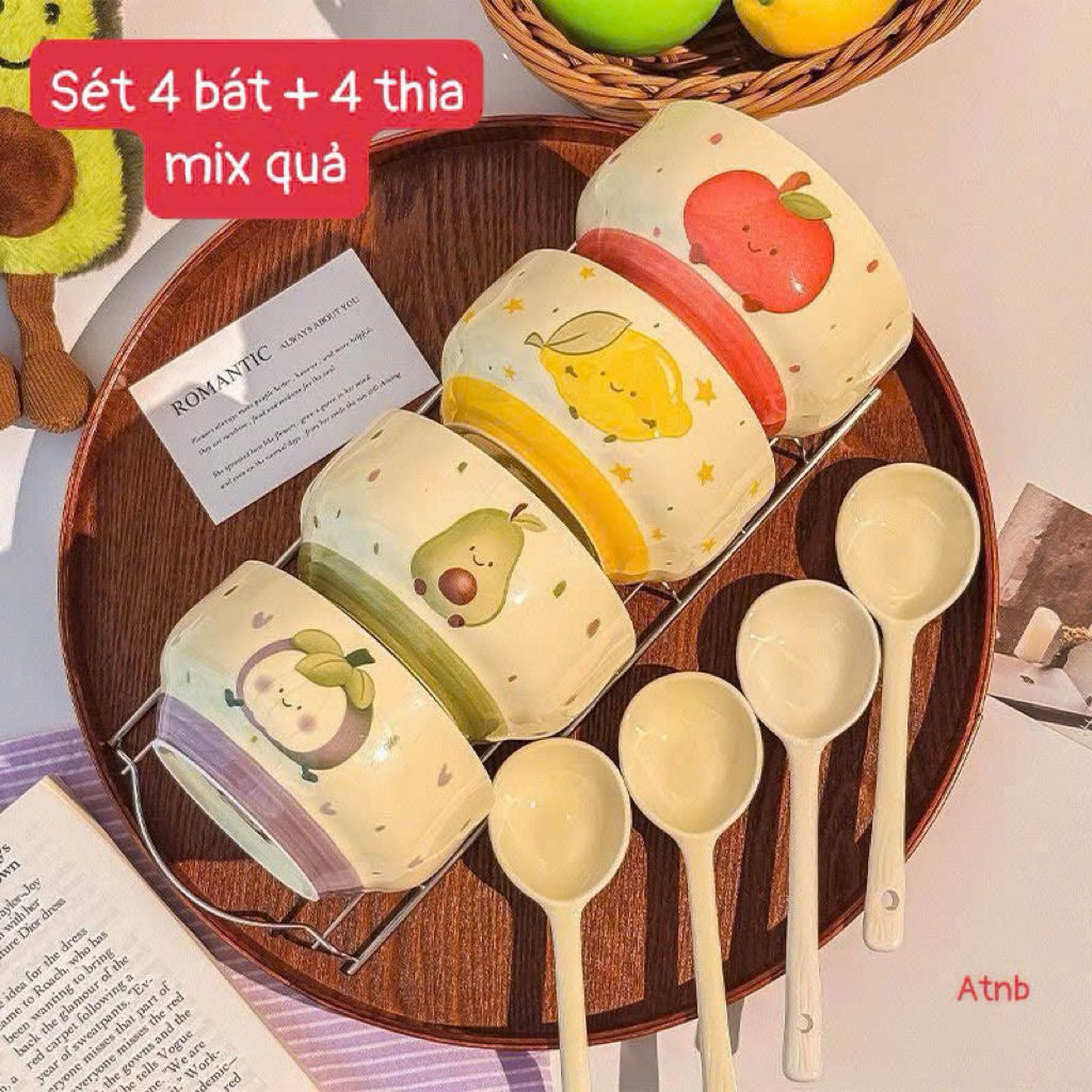 🍓 Set 4 bát sứ kèm thìa hình – xinh xắn, đáng yêu cho bàn ăn 🍓