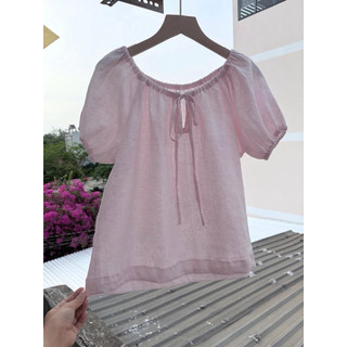 𝙉𝘼𝙈𝙄 𝙏𝙊𝙋 - Áo Linen Cổ Tròn Cột Nơ
