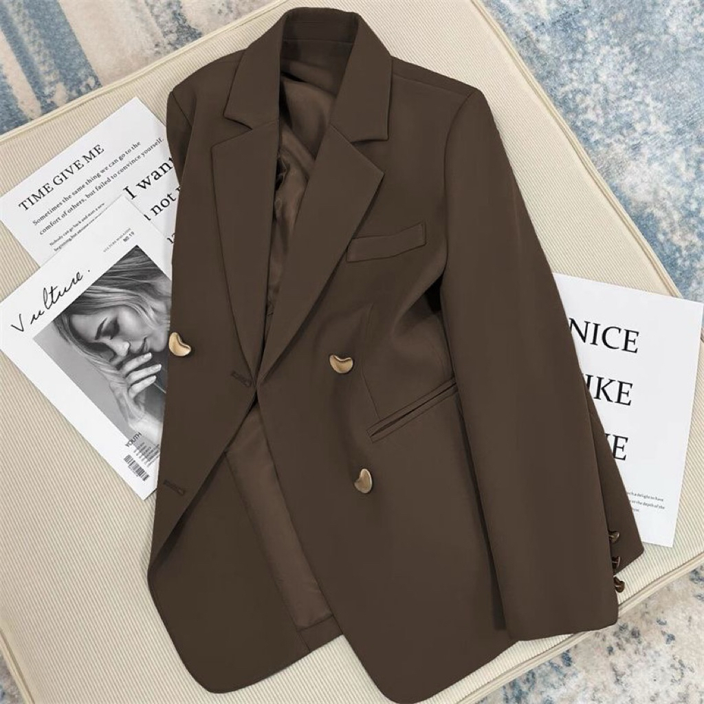 MEIQUIYI Áo Blazer nữ ba màu Nâu/xám/đen thiết kế trơn cúc dẹt