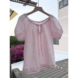 𝙉𝘼𝙈𝙄 𝙏𝙊𝙋 - Áo Linen Cổ Tròn Cột Nơ