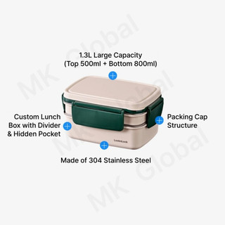 [LocknLock] Hộp cơm inox 2 tầng 500+800ml - Màu vàng/xanh | Hộp đựng thức ăn chống rò rỉ, tiện lợi mang đi
