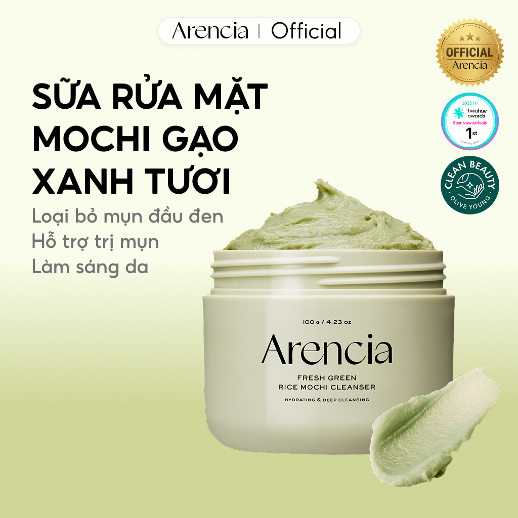 [Arencia] Sữa rửa mặt Mochi gạo xanh tươi 120g | Làm sạch, Cấp ẩm, loại bỏ mụn đầu đen