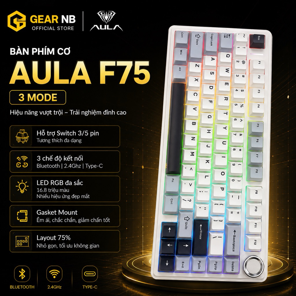 [Hoả tốc] Bàn phím cơ Aula F75 full phím mạch xuôi LED RGB 3 mode kết nối hotswap 5 pin bàn phím Aula F75 | BigBuy360 - bigbuy360.vn