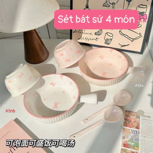 Set Bát Sứ 4 Món Họa Tiết Nơ Hồng Cao Cấp - Quà Tặng Ý Nghĩa, Tô Điểm Gian Bếp