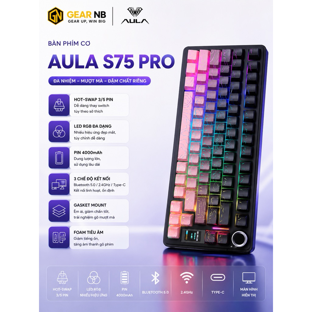[Hoả Tốc] Bàn phím cơ không dây AULA S75 pro - Có màn led tùy chỉnh - LED RGB xuôi - 3 mode kết nối tiện lợi | BigBuy360 - bigbuy360.vn