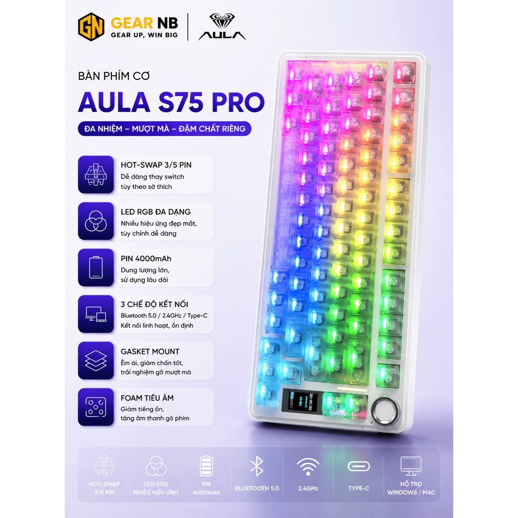 [Hoả Tốc] Bàn phím cơ không dây AULA S75 pro - Có màn led tùy chỉnh - LED RGB xuôi - 3 mode kết nối tiện lợi | BigBuy360 - bigbuy360.vn