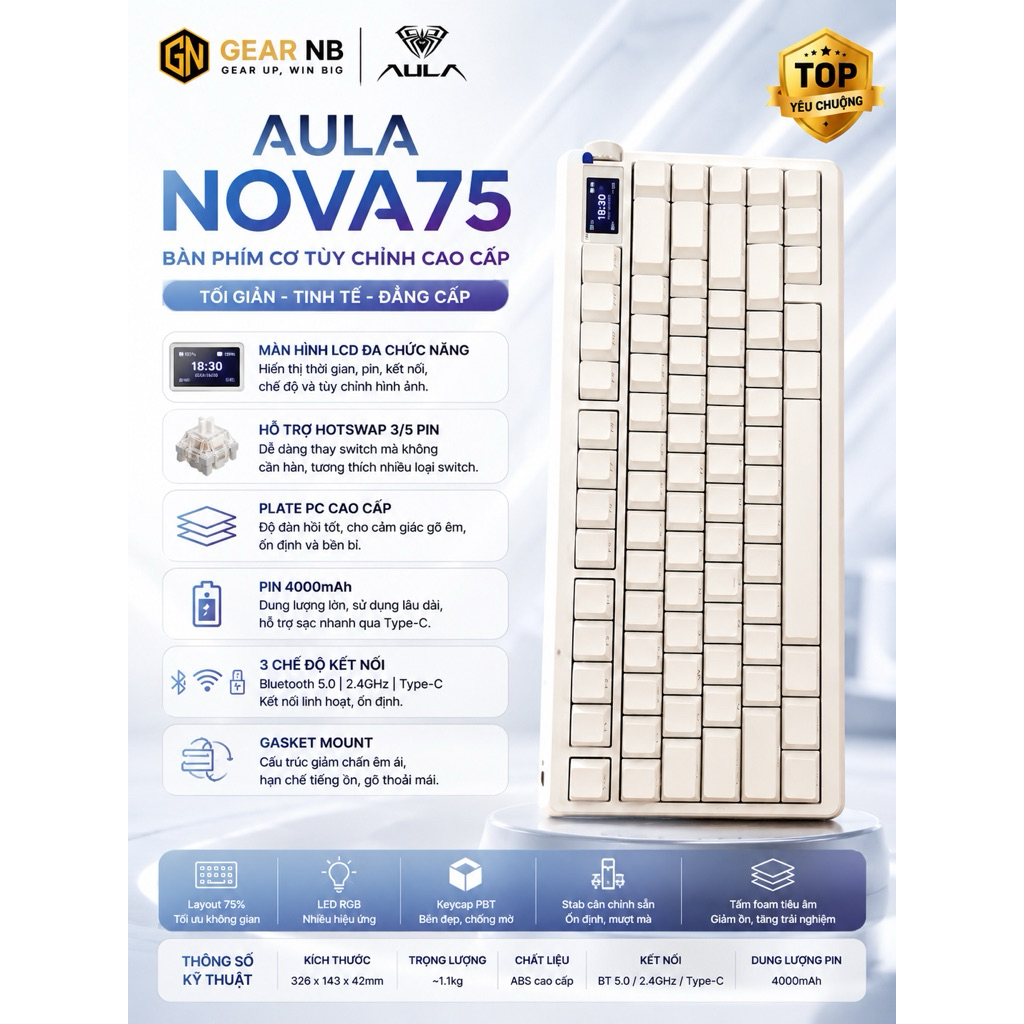 [Hoả Tốc]Bàn phím cơ AULA Nova75 3 Mode Bluetooth 2.4G Có dây | RGB Viền | Màn hình mini | Hot swap | BigBuy360 - bigbuy360.vn