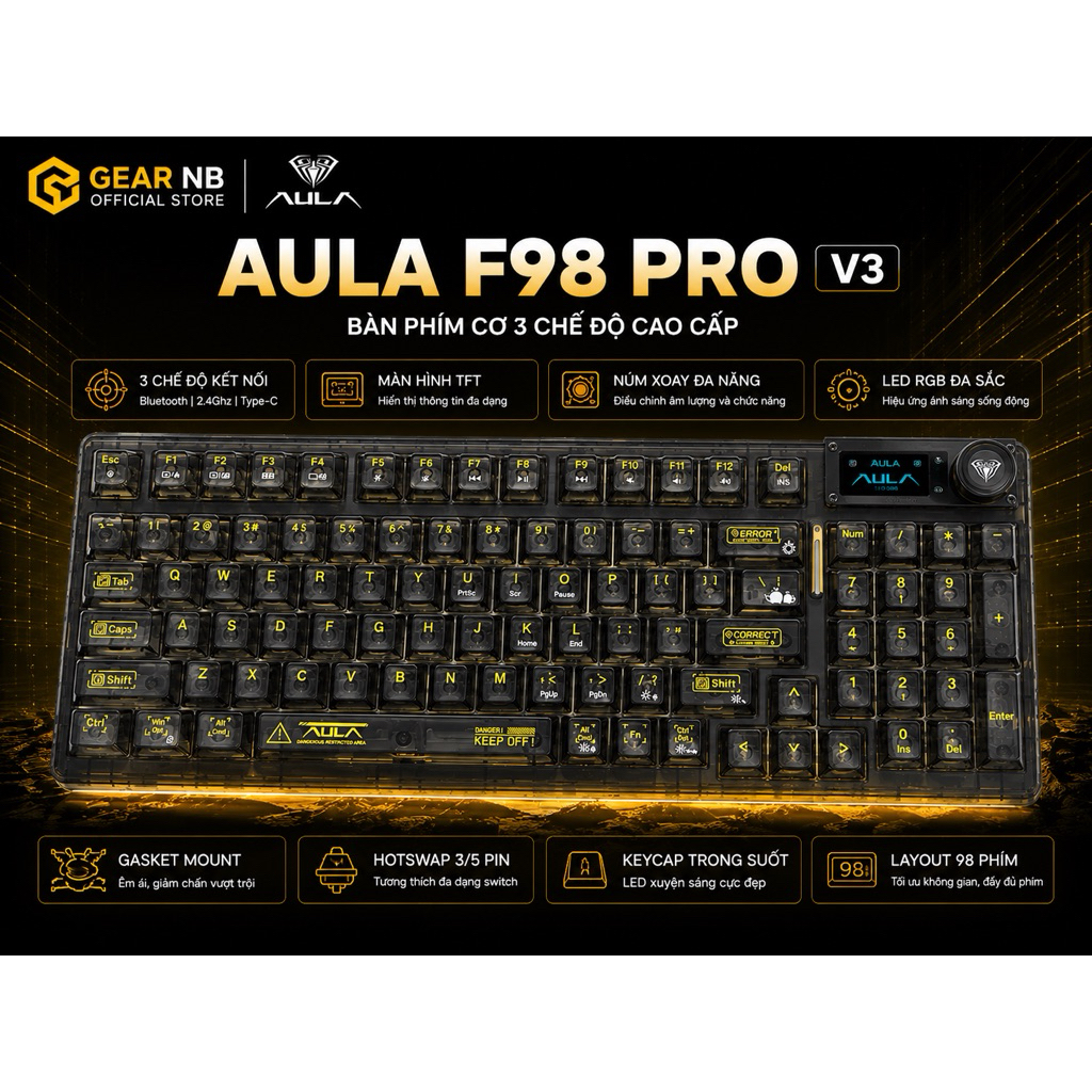 [Hoả tốc] Bàn phím cơ AULA F98 Pro V3 3 Mode | TFT Screen | RGB Full Key | Hot Swap | Bluetooth 2.4G USB | Gaming Custom | BigBuy360 - bigbuy360.vn
