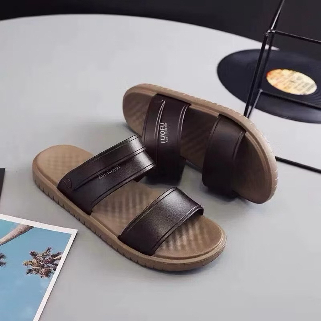 Dép nam 2 quai hậu LOUFU (chính hãng) sandal siêu nhẹ rửa nước êm chân màu nâu - đen, hàng hộp cao cấp bền