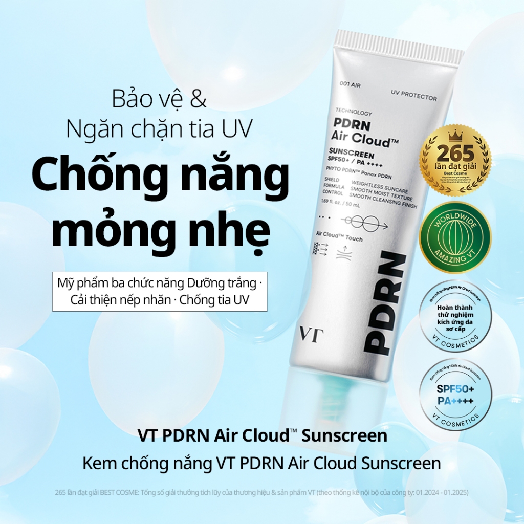 [VT] PDRN Air Cloud™ Kem Chống Nắng SPF50+ PA++++ 50ml Siêu Nhẹ, Không Nhờn Rít Cho Da Dầu Da Mụn [Official Flagship]