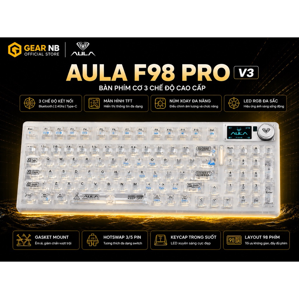 [Hoả tốc] Bàn phím cơ AULA F98 Pro V3 3 Mode | TFT Screen | RGB Full Key | Hot Swap | Bluetooth 2.4G USB | Gaming Custom | BigBuy360 - bigbuy360.vn