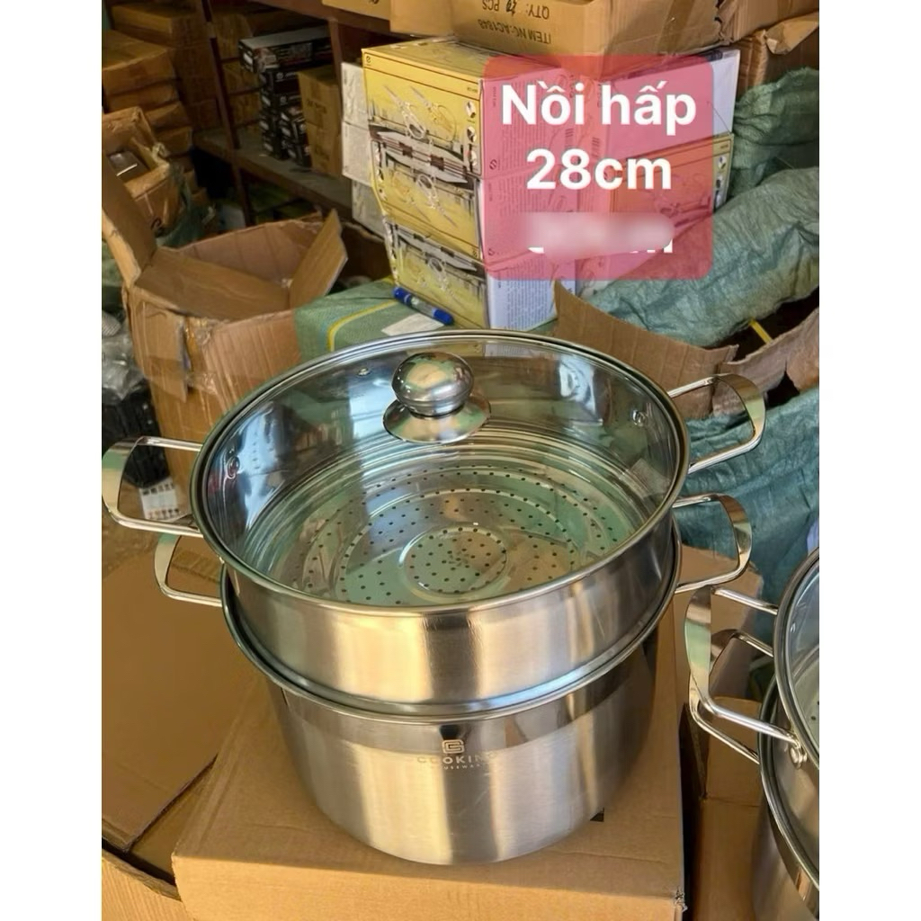 Nồi Hấp Inox 2 Tầng  28cm,nắp kính sang trọng  – Xửng Hấp Cách Thủy Cao Cấp Nắp Kính, Luộc Gà, Đồ Xôi, Làm Bánh Tiện Lợi