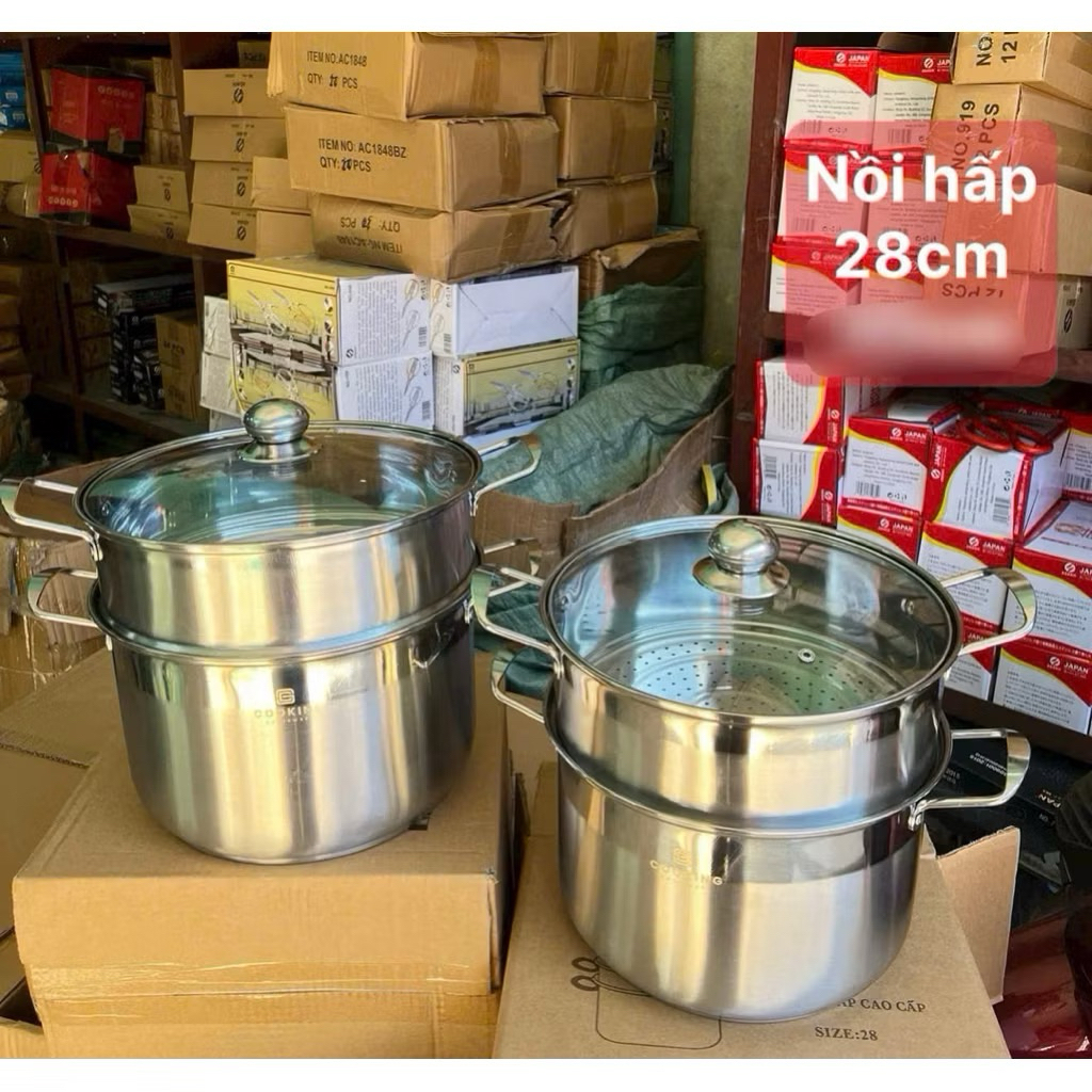 Nồi Hấp Inox 2 Tầng  28cm,nắp kính sang trọng  – Xửng Hấp Cách Thủy Cao Cấp Nắp Kính, Luộc Gà, Đồ Xôi, Làm Bánh Tiện Lợi