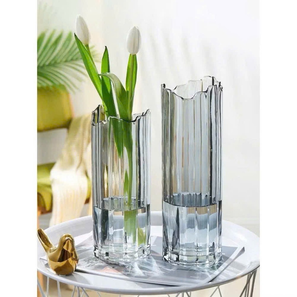 Bình Bông - Lọ Hoa Thủy Tinh Sọc Dọc Cao Cấp (30x12cm) – Kiểu Dáng Trụ Tròn Decor Phòng Khách, Bàn Ăn Sang Trọng
