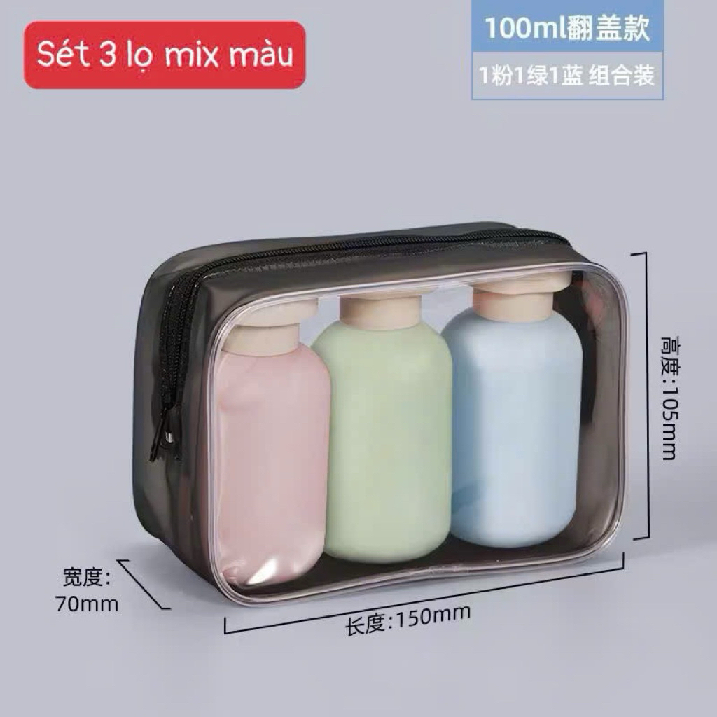 sét 3 lọ chiết mỹ phẩm du lịch kèm túi zip – lọ đựng dầu gội, sữa tắm, kem dưỡng tiện lợi