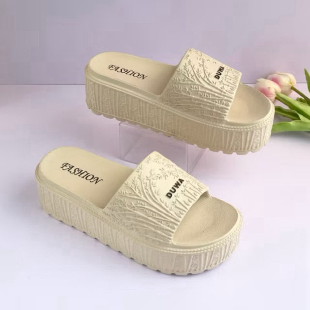 Dép nữ đế xuồng cao 5cm quai liền Duwa họa tiết vân tre nhiều màu