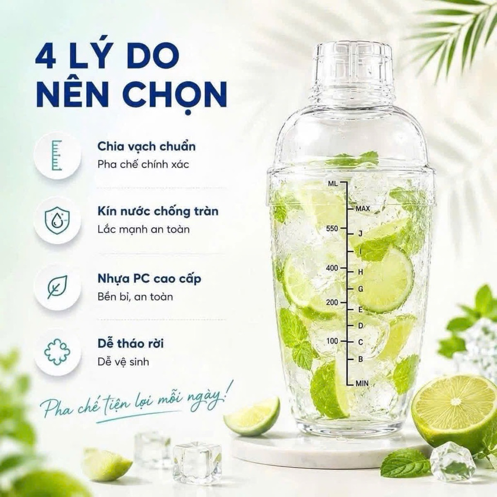 bộ pha chế đồ uống 3 món – bình lắc cocktail 600ml kèm thanh dầm và cốc thủy tinh nắp gỗ