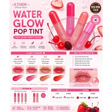 ETUDE Play 101 Water Glow Pop Tint | Son dưỡng môi bóng Hàn Quốc | Màu môi Juicy Glow | Tint dưỡng ẩm trái cây
