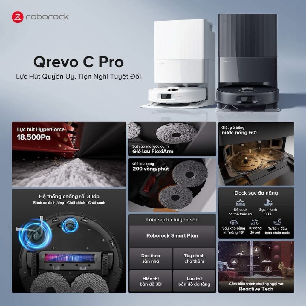 Roborock QRevo C Pro Lực 18.500 Pa Giặt Nóng 75 Độ C Robot Hút Bụi Lau Nhà - Quốc Tế bảo hành 24 tháng