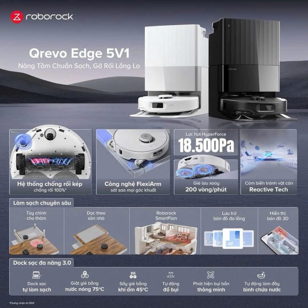 Roborock Qrevo Edge 5V1 - Robot hút bụi lau nhà - Bảo hành 2 năm - Lực hút 18.500Pa