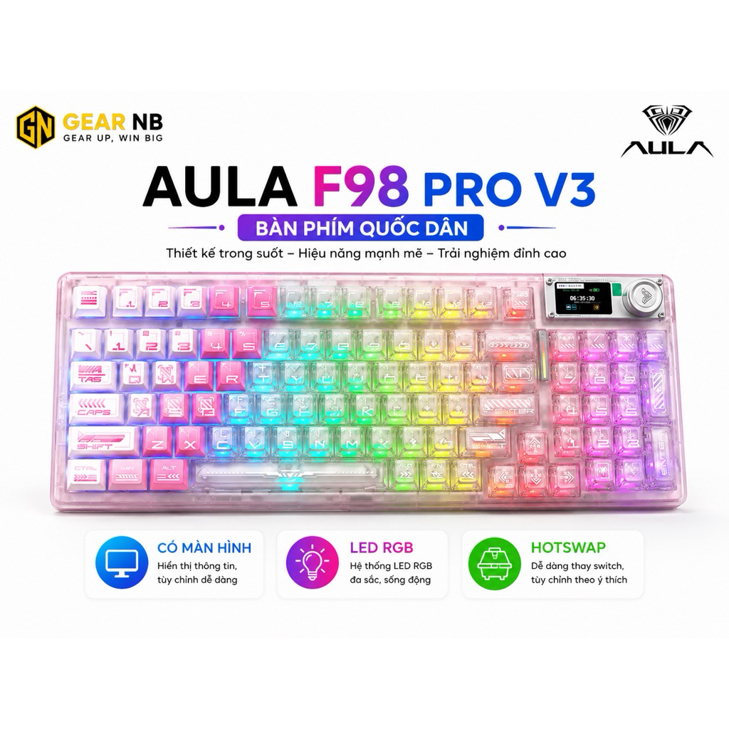 [Hoả tốc] Bàn phím cơ AULA F98 Pro V3 3 Mode | TFT Screen | RGB Full Key | Hot Swap | Bluetooth 2.4G USB | Gaming Custom | BigBuy360 - bigbuy360.vn