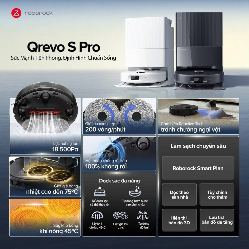 Qrevo S Pro | Roborock QR 798 | robot hút bụi lau nhà - Tự động giặt giẻ, tự động đổ rác - Bản Quốc Tế