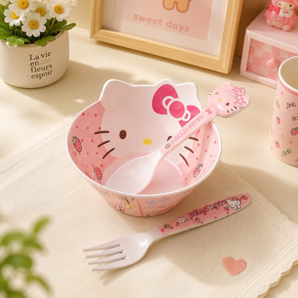 bát hello kitty kèm thìa dĩa – bộ bát ăn siêu dễ thương cho bé và tín đồ kitty