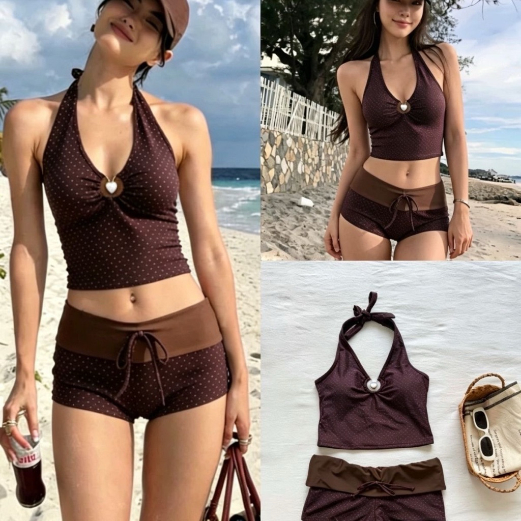 𝑀𝐸𝐼𝑄𝑈𝐼𝑌𝐼 🥝Bộ Bikini qc đi biển cổ V chấm bi kín đáo cho mùa hè