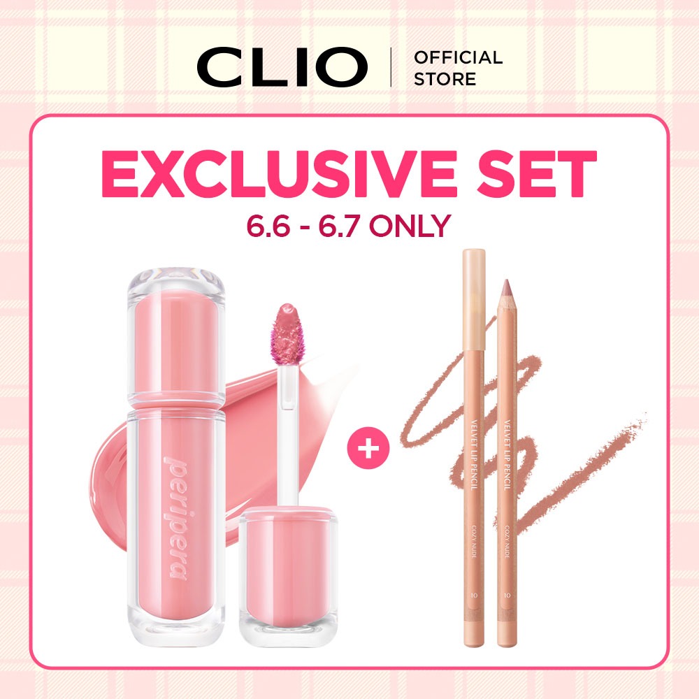 [6.6 ƯU ĐÃI] Combo_Son tint Peripera Mood Glowy Tint + Chì kẻ môi Clio Lip Velvet Pencil