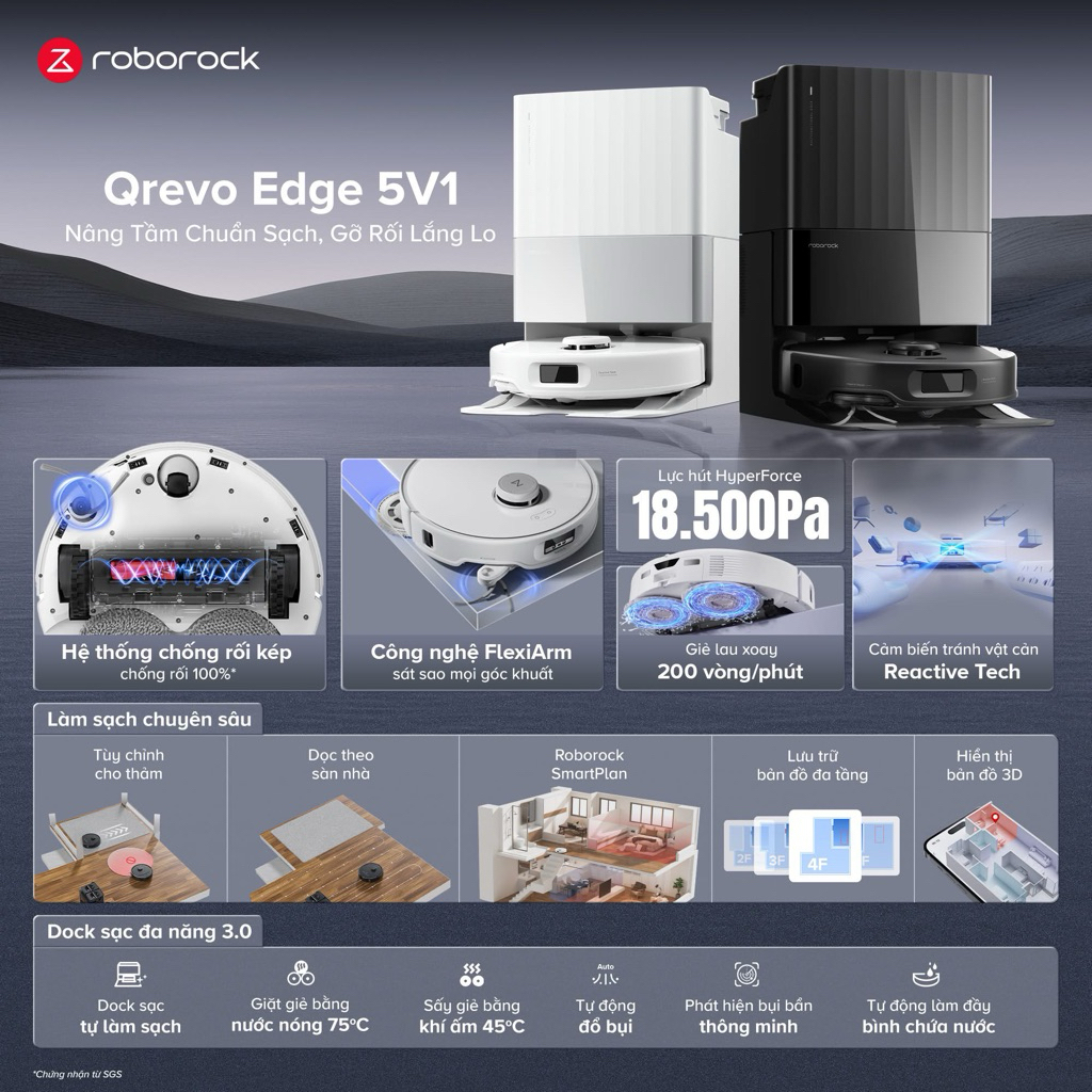 Robot Hút Bụi Lau Nhà Roborock Qrevo Edge 5V1 Siêu Mỏng Lực Hút 18.500Pa, Tự Giặt Sấy Giẻ