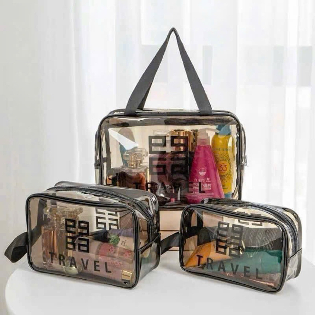 Set 3 Túi Du Lịch Travel Trong Suốt Cao Cấp – Bộ 3 Túi Đựng Mỹ Phẩm, Đồ Cá Nhân Chống Thấm Nước Đi Biển, Đi Bơi Tiện Lợi