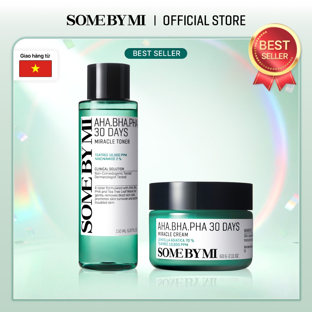 Bộ Đôi Nước Hoa Hồng & Kem Dưỡng Da Dầu Mụn SomeByMi AHA-BHA-PHA 30 Days Miracle Toner  & Cream