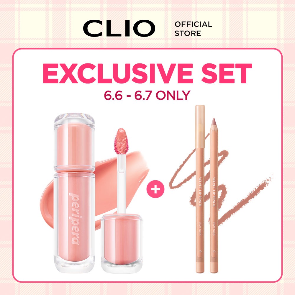 [6.6 ƯU ĐÃI] Combo_Son tint Peripera Mood Glowy Tint + Chì kẻ môi Clio Lip Velvet Pencil