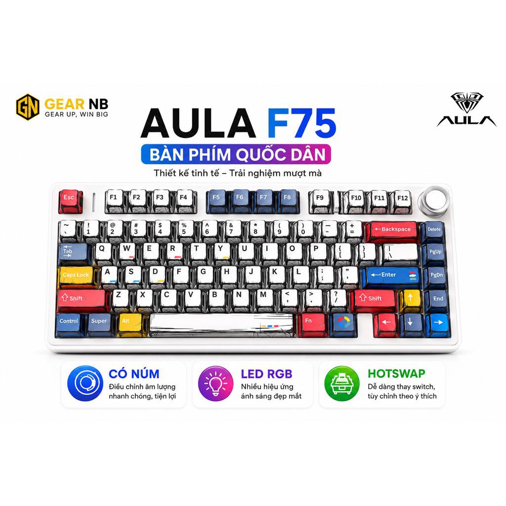 [Hoả tốc] Bàn phím cơ Aula F75 full phím mạch xuôi LED RGB 3 mode kết nối hotswap 5 pin bàn phím Aula F75 | BigBuy360 - bigbuy360.vn